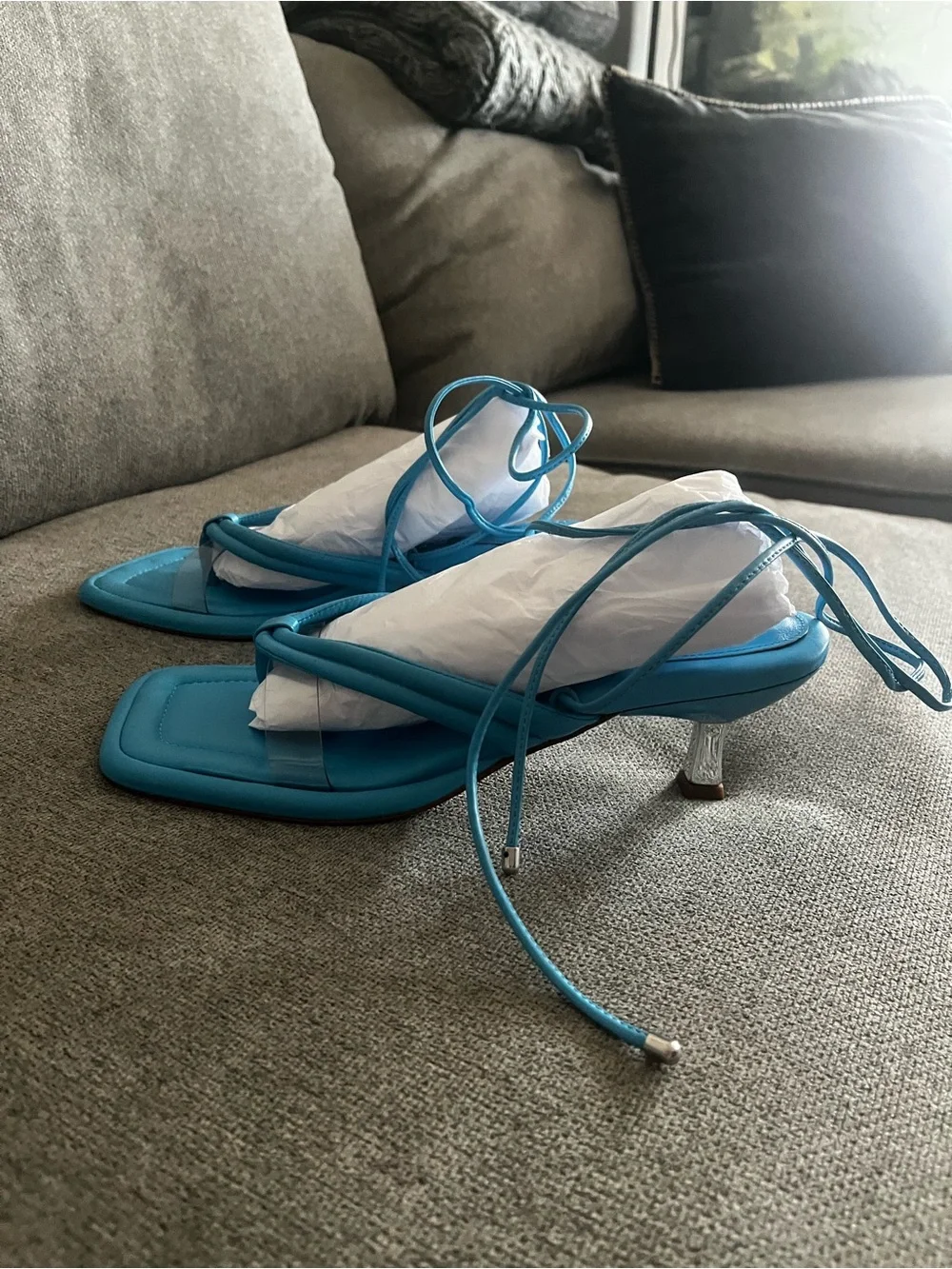 SCHUTZ New with Box Women's Turquoise Lace-Up Silver Kitten Heel Sandals